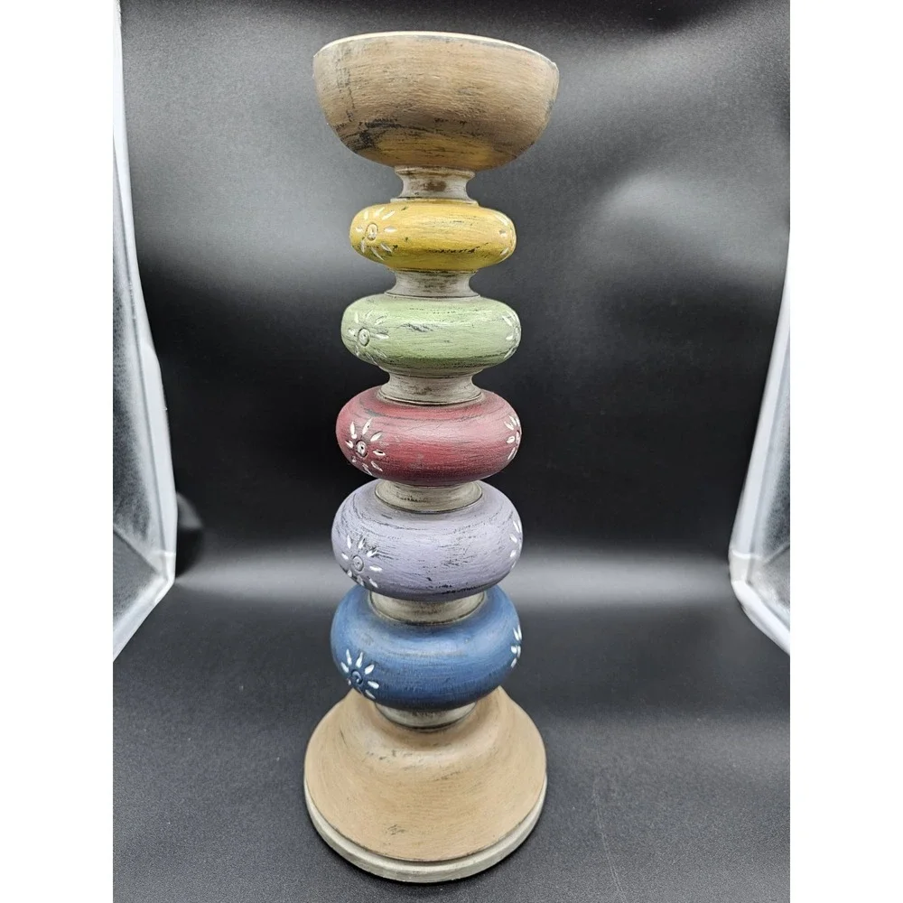 Pier 1 Tall Wooden Pillar Candlestick Rainbow Colors